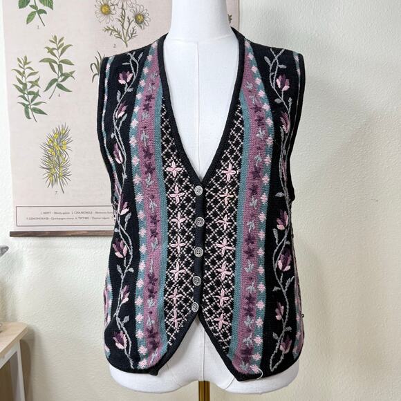 Christopher & Banks Sweaters - Vtg 90s Floral Embroidered Sweater Vest Cottage Fairy Grunge Witchy Whimsigoth L